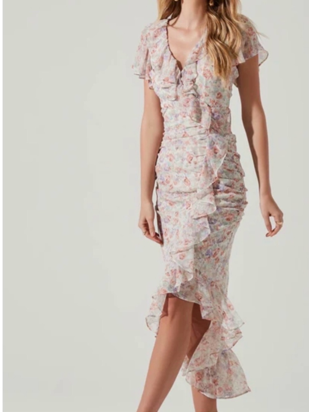 ASTR Pastel Pink Floral High-Low Ruffle Romantic Cottage-core Midi Dress Medium